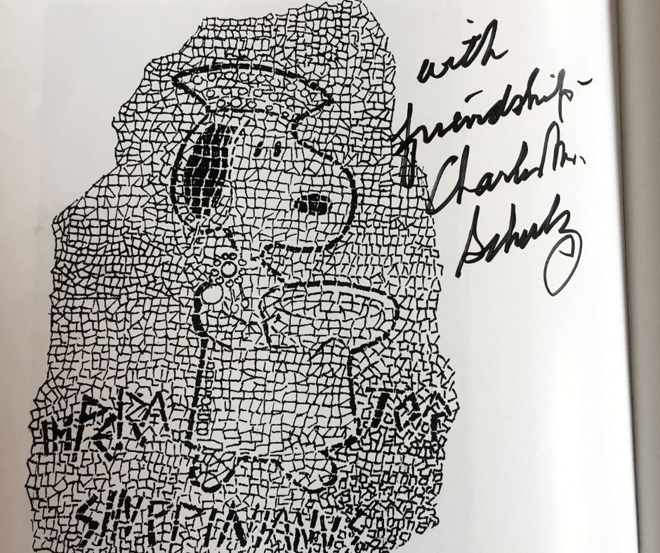 La dedica di Charles M. Schulz a Daniele Panebarco sul catalogo della mostra "Il mondo di Snoopy"