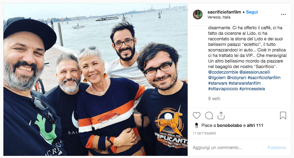 foto da instagram di Ottavia Piccolo immortalata a Venezia insieme alla crew che ha realizzato il fanfilm "Sacrificio"