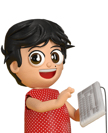 Personaggio 3D stilizzato di Camilla con maglia rossa a pois, sorridente mentre tiene in mano una tastiera. Illustrazione colorata e giocosa che rappresenta il lato creativo e digitale del team Panebarco.