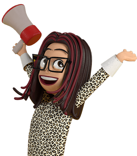 Avatar 3D femminile con occhiali, capelli scuri con ciocche rosse e megafono in mano, in posa dinamica per call to action comunicativa.