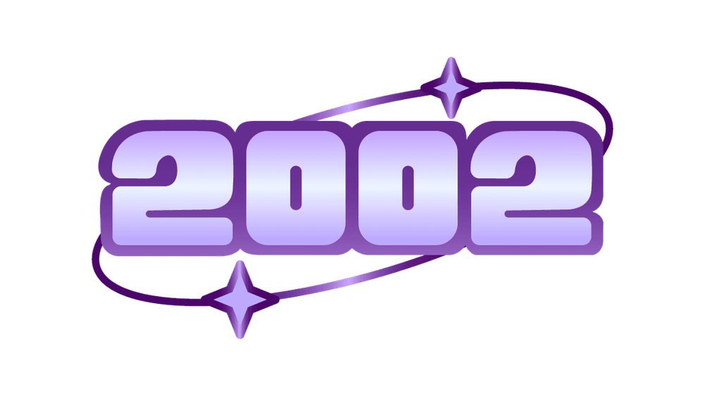 Grafica illustrata con la data 2002 in lettering viola con elementi decorativi, utilizzata come tappa della timeline storica di Panebarco. L’immagine comunica evoluzione, creatività e passaggio a una nuova fase del brand.