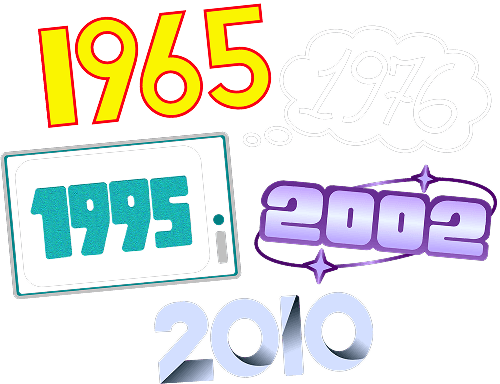 Grafica illustrata con le date 1965, 1976, 1995, 2002 e 2010 in stili tipografici diversi, che rappresentano le tappe evolutive della storia di Panebarco. Visual colorato e dinamico che richiama trasformazione, creatività e crescita nel tempo.