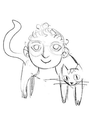 Bozzetto illustrato in bianco e nero di Agata, ritratta in stile stilizzato con un gatto appoggiato sulle spalle. Il disegno a mano libera comunica creatività, ironia e l’identità originale del team Panebarco.