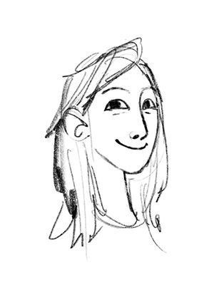 Bozzetto illustrato in bianco e nero del volto di Lucia, realizzato a mano con tratto rapido e stilizzato. Il ritratto valorizza creatività, identità personale e lo stile artigianale del team Panebarco.