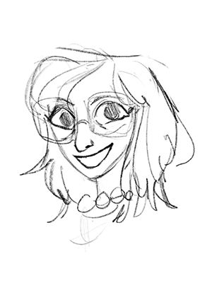 Bozzetto illustrato in bianco e nero del volto di Marianna, con grandi occhiali e tratto vivace disegnato a mano. Il ritratto esprime personalità, creatività e l’approccio illustrativo che caratterizza il team Panebarco.