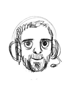 Bozzetto illustrato in bianco e nero del volto di Matteo, con barba e cuffie, realizzato in stile schizzato a mano. Il ritratto comunica creatività, carattere e l’identità originale del team Panebarco.